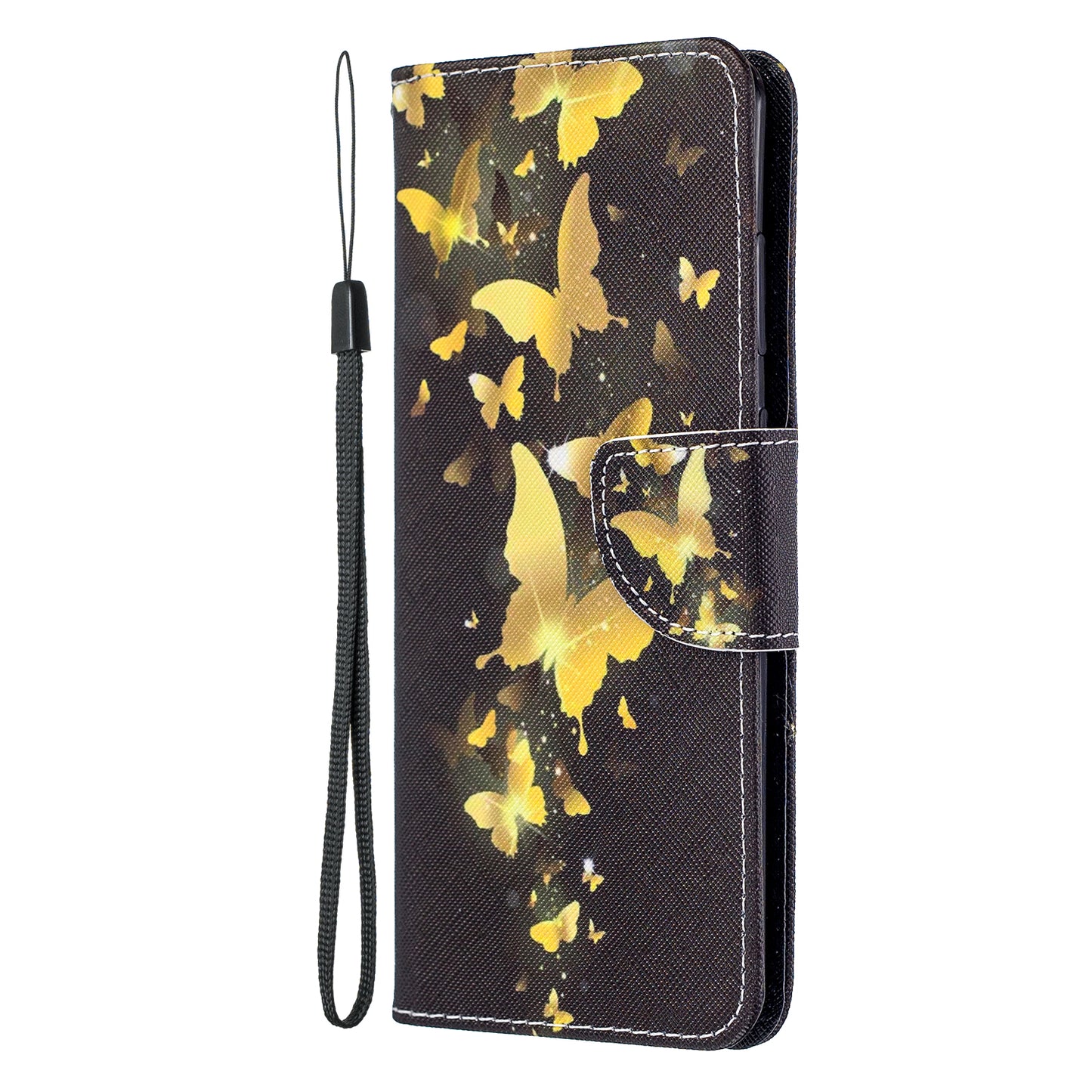 Cross Texture Pattern Printing Leather Wallet Phone Casing for Samsung Galaxy S20 Plus - Gold Butterflies