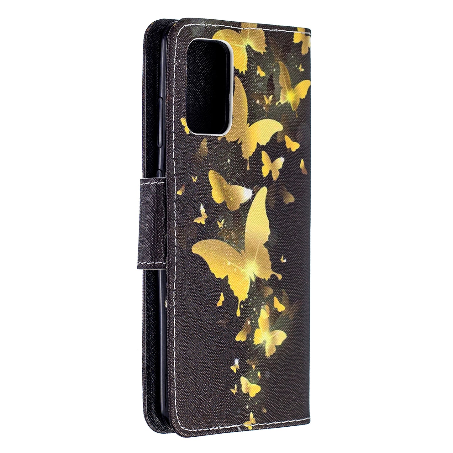 Cross Texture Pattern Printing Leather Wallet Phone Casing for Samsung Galaxy S20 Plus - Gold Butterflies