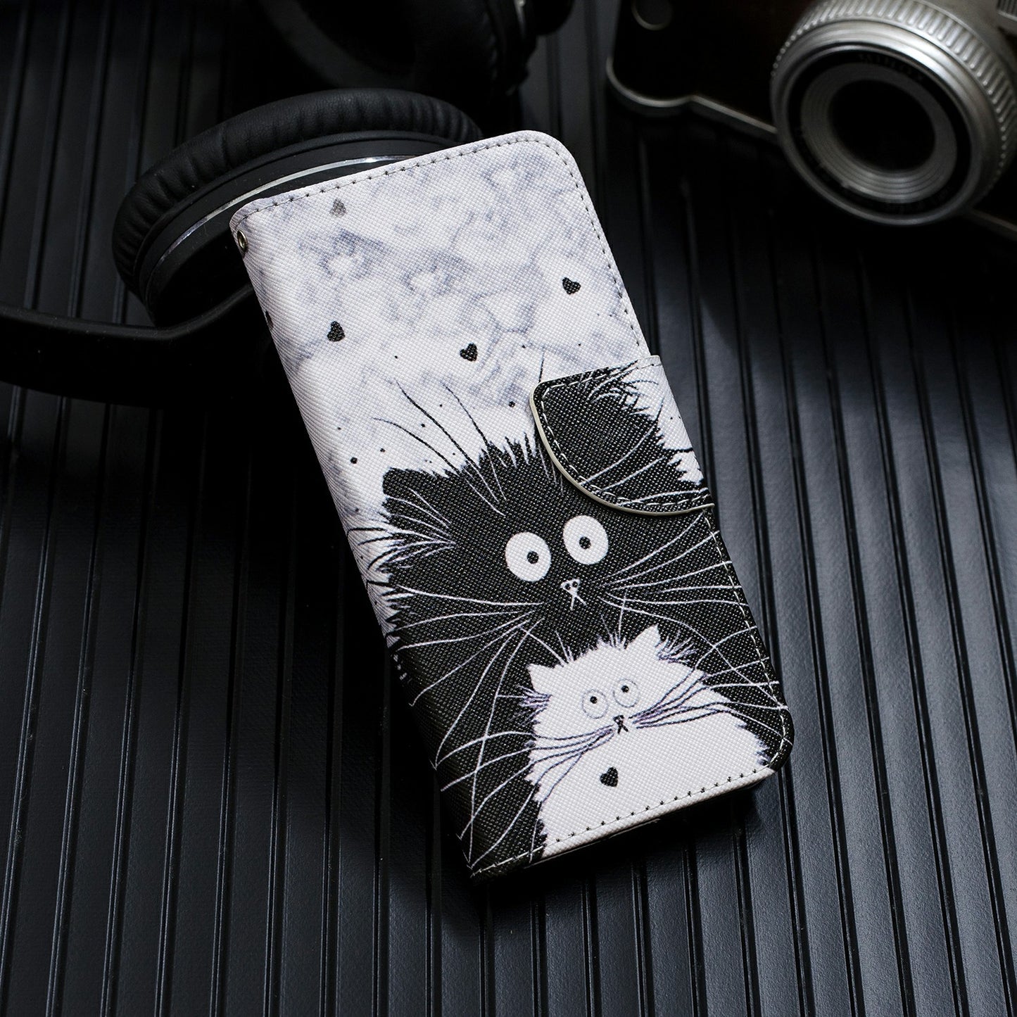 Cross Texture Pattern Printing Leather Wallet Phone Casing for Samsung Galaxy S20 Plus - Black and White Cats
