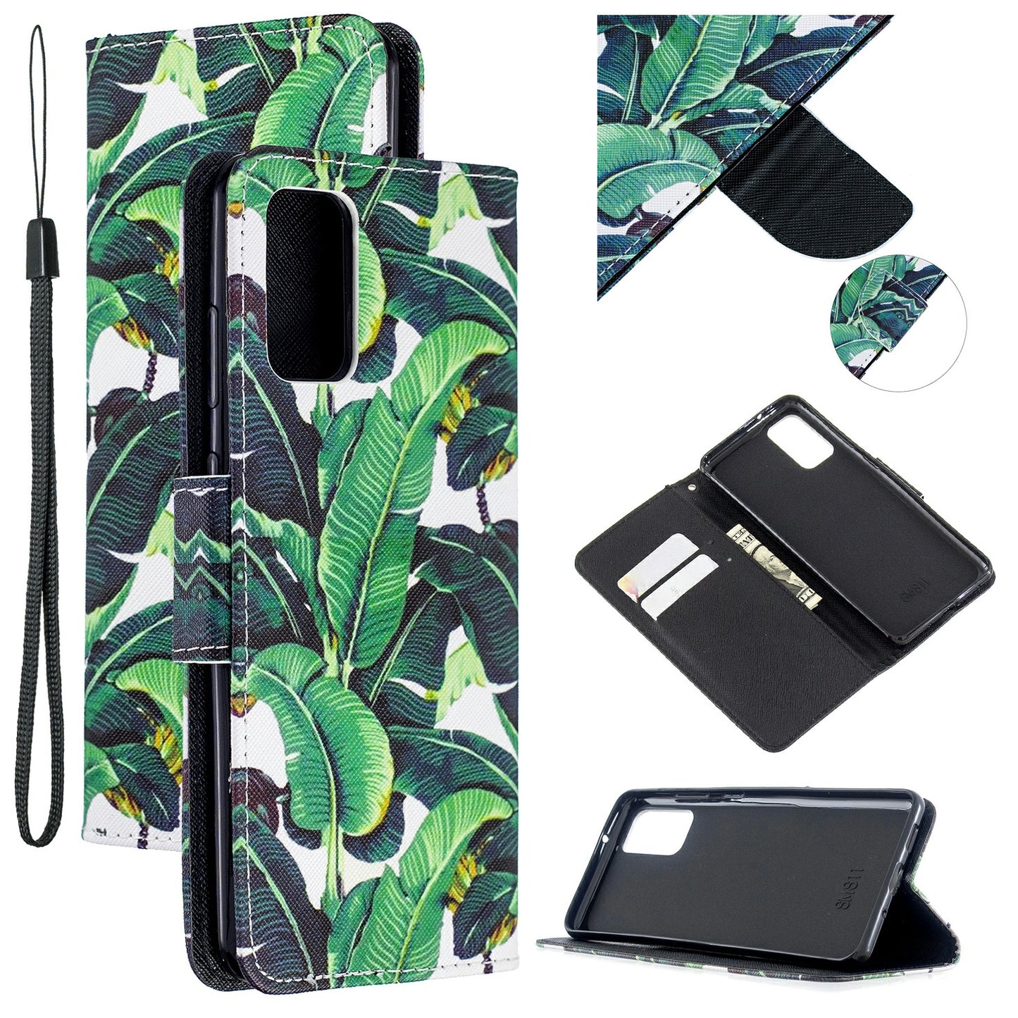 Cross Texture Pattern Printing Leather Wallet Phone Casing for Samsung Galaxy S20 Plus - Leaves