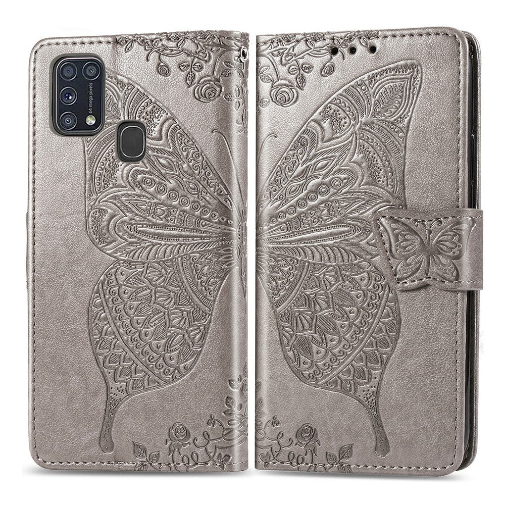 Imprint Butterfly Flower Wallet Leather Stand Case for Samsung Galaxy M31 - Grey