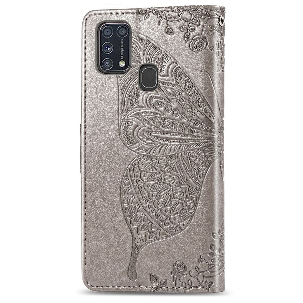 Imprint Butterfly Flower Wallet Leather Stand Case for Samsung Galaxy M31 - Grey