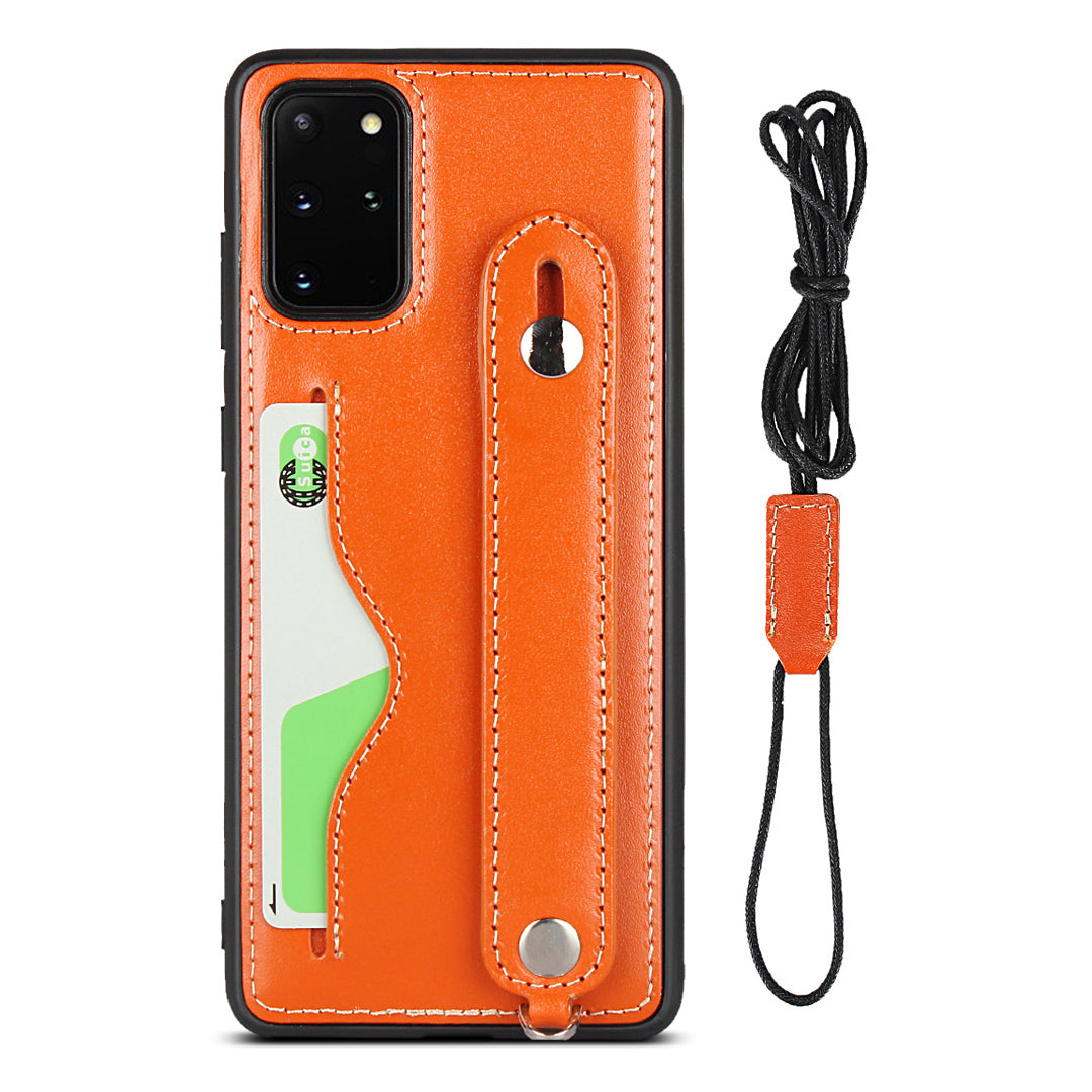 Handy Strap Kickstand Card Holder Genuine Leather Coated TPU Phone Cover with Lanyard for Samsung Galaxy S20 Plus / S20 Plus 5G - Orange