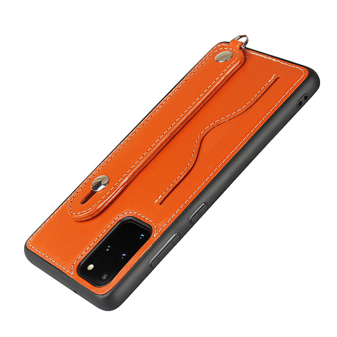 Handy Strap Kickstand Card Holder Genuine Leather Coated TPU Phone Cover with Lanyard for Samsung Galaxy S20 Plus / S20 Plus 5G - Orange