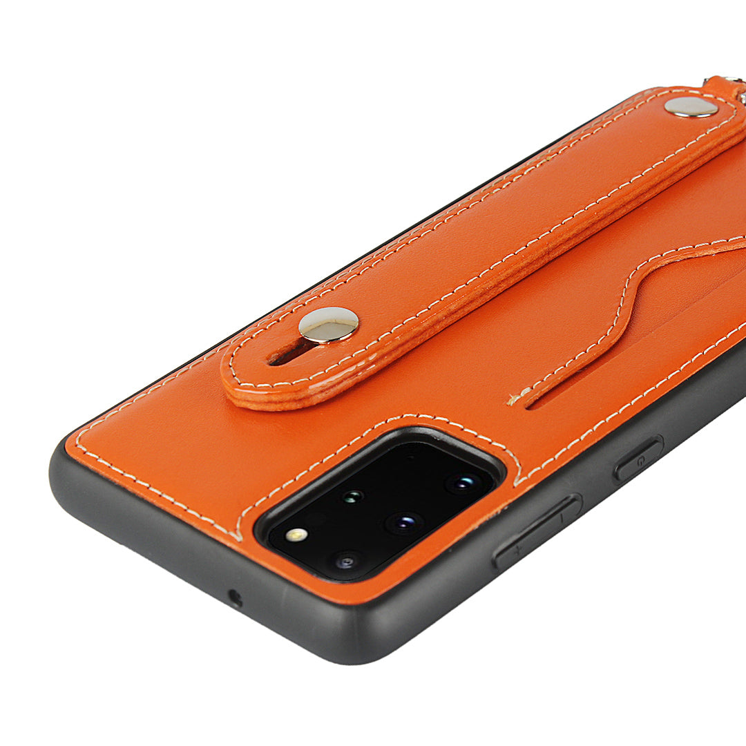 Handy Strap Kickstand Card Holder Genuine Leather Coated TPU Phone Cover with Lanyard for Samsung Galaxy S20 Plus / S20 Plus 5G - Orange
