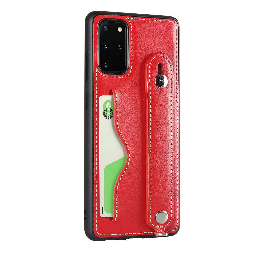 Handy Strap Kickstand Card Holder Genuine Leather Coated TPU Phone Cover with Lanyard for Samsung Galaxy S20 Plus / S20 Plus 5G - Red