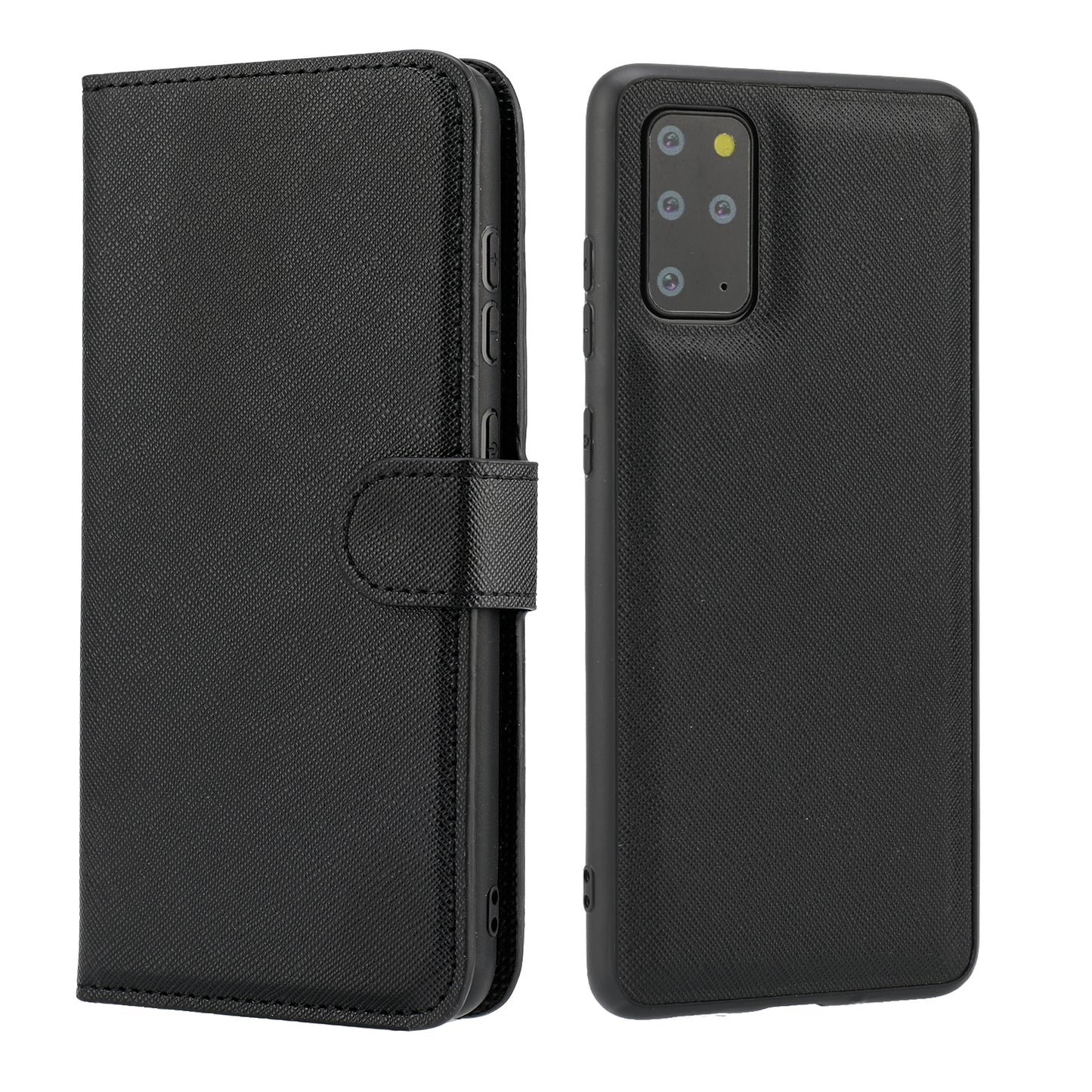 Cross Skin Leather Wallet Cover + Removable TPU Cover for Samsung Galaxy S20 Plus - Black