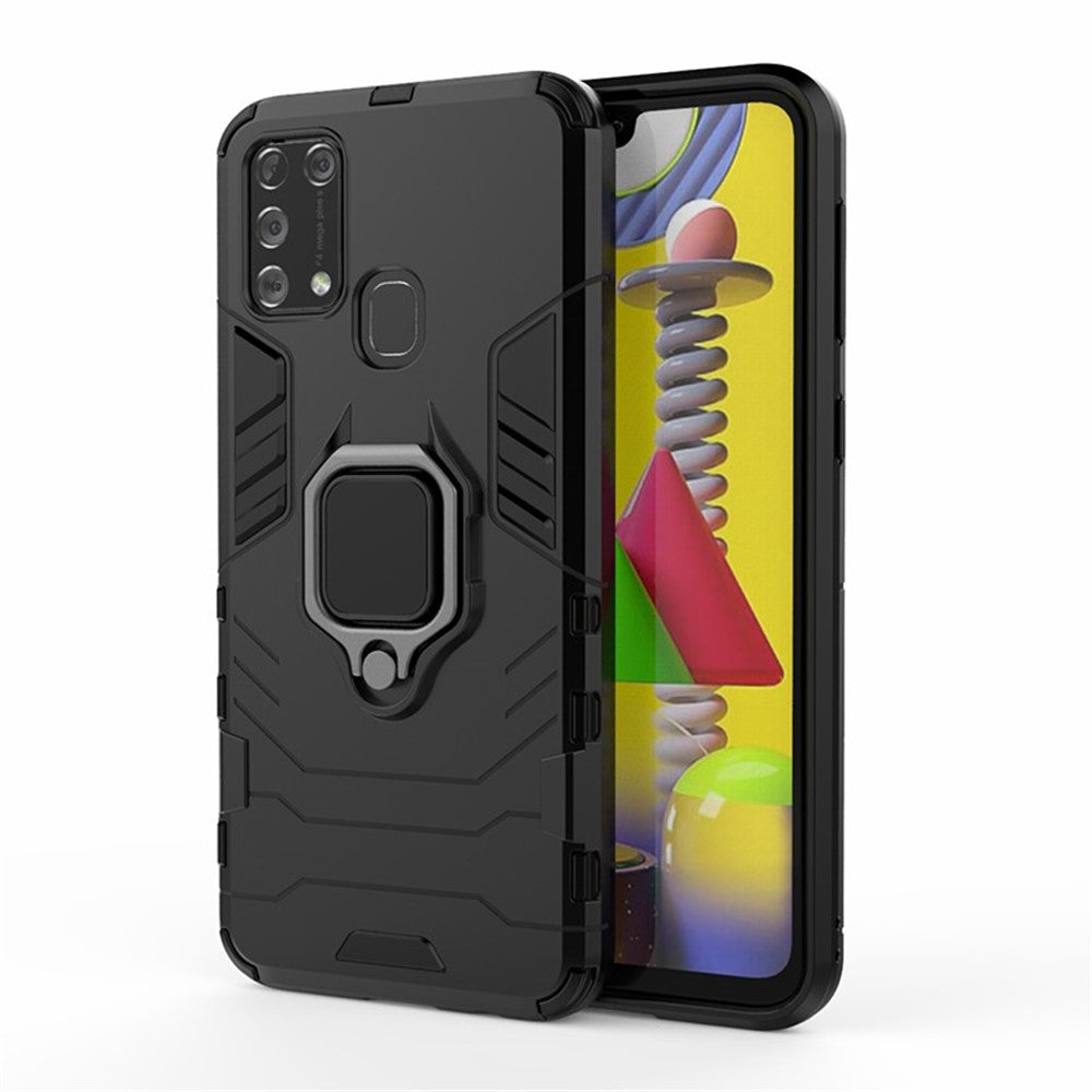 Cool Guard Ring Holder Kickstand PC + TPU Stylish Case for Samsung Galaxy M31 - Black