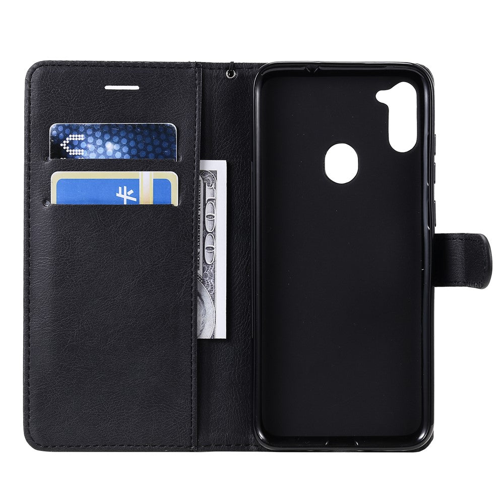 For Samsung Galaxy M11 Case Solid Color Leather Mobile Cover Wallet Stand with Strap - Black