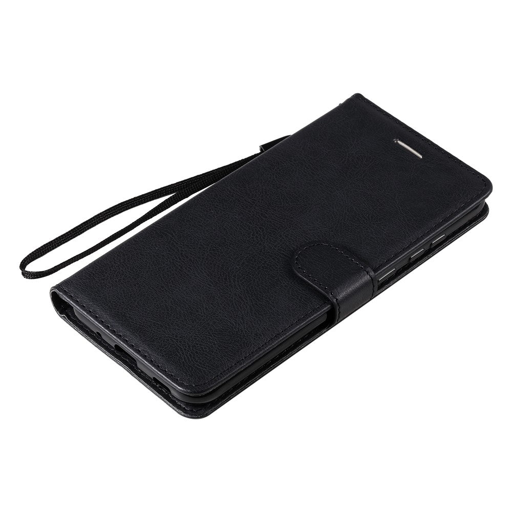 For Samsung Galaxy M11 Case Solid Color Leather Mobile Cover Wallet Stand with Strap - Black