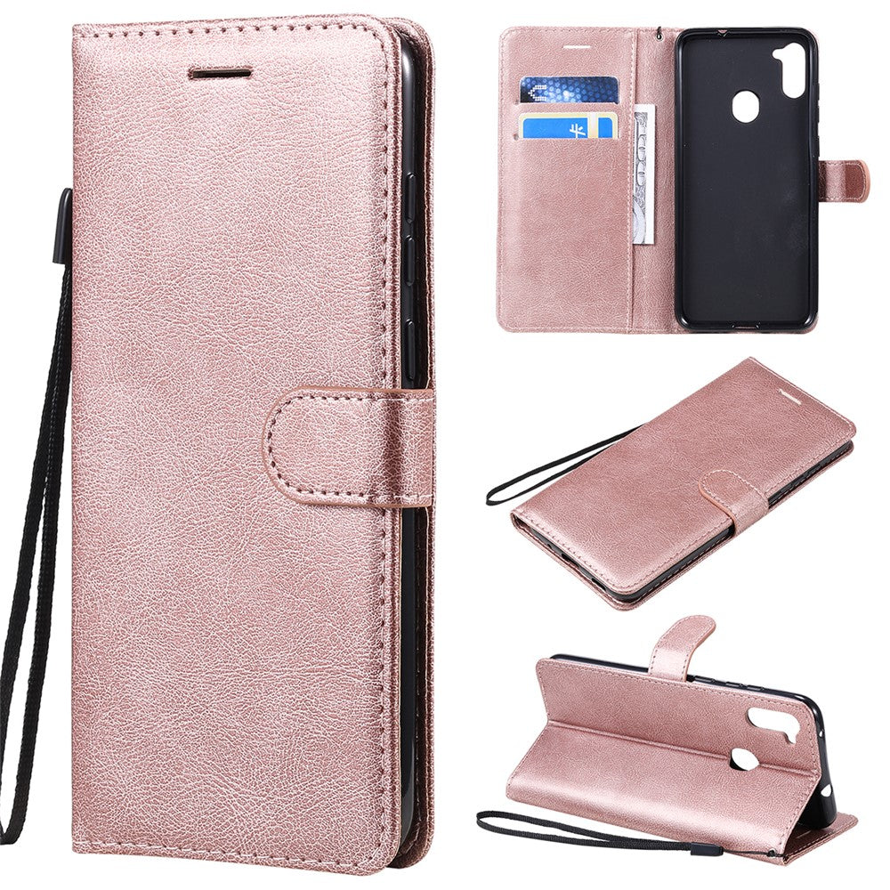 For Samsung Galaxy M11 Case Solid Color Leather Mobile Cover Wallet Stand with Strap - Rose Gold