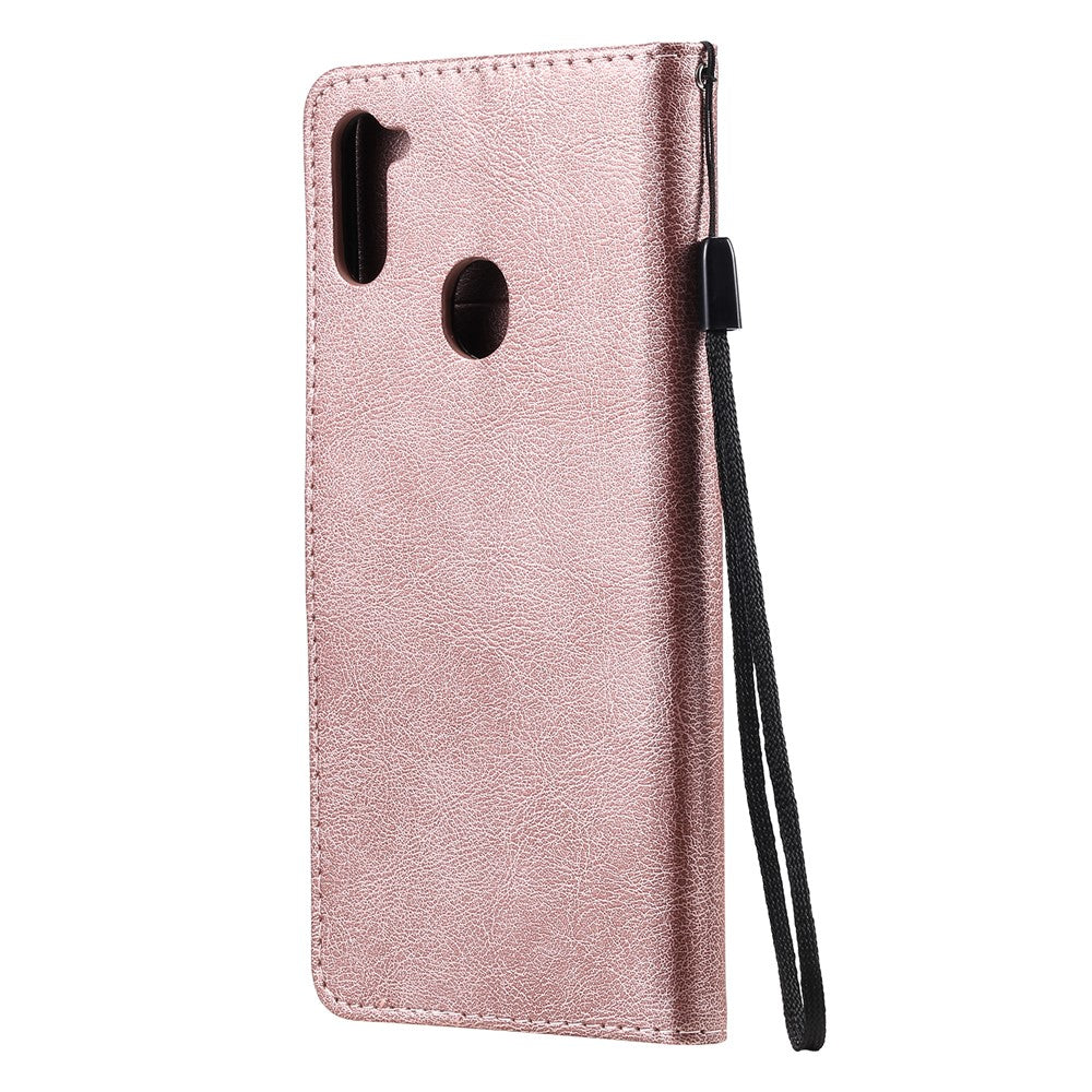 For Samsung Galaxy M11 Case Solid Color Leather Mobile Cover Wallet Stand with Strap - Rose Gold