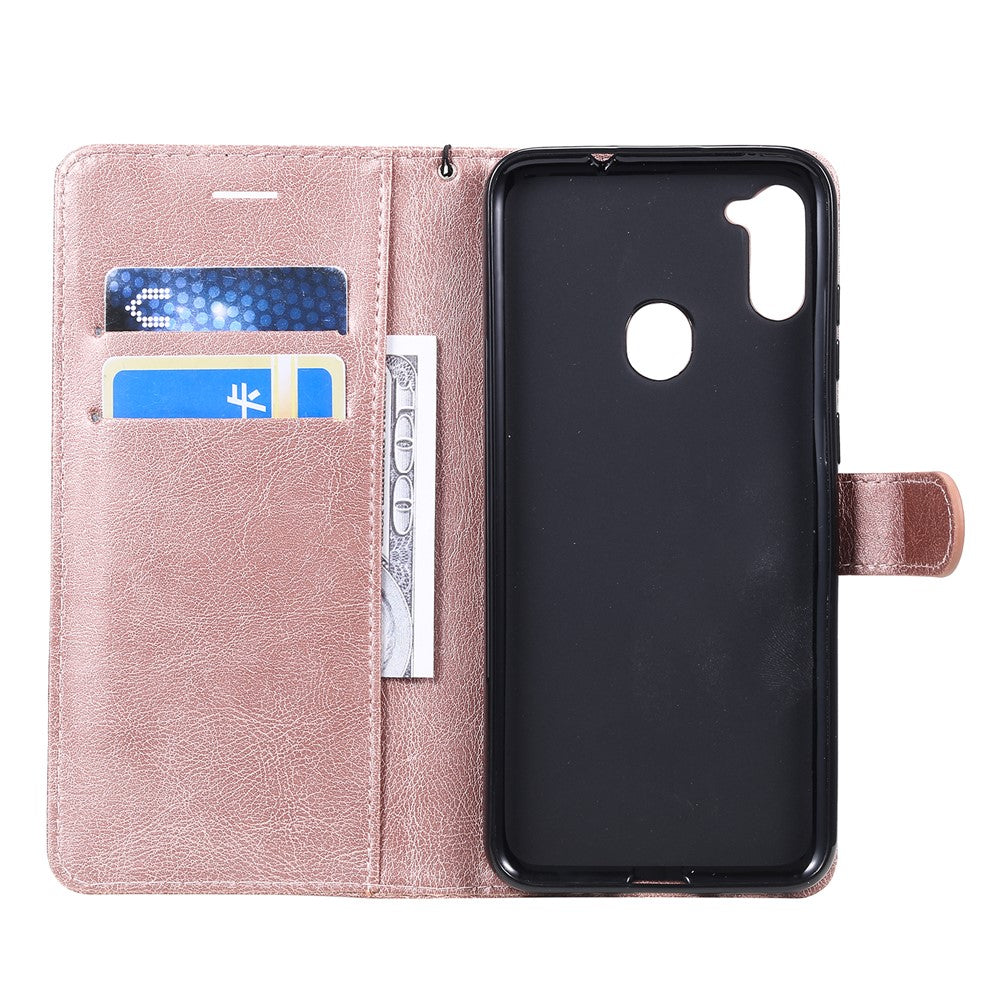 For Samsung Galaxy M11 Case Solid Color Leather Mobile Cover Wallet Stand with Strap - Rose Gold