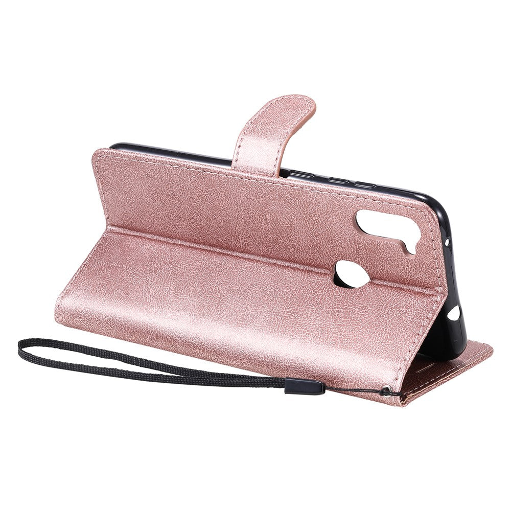 For Samsung Galaxy M11 Case Solid Color Leather Mobile Cover Wallet Stand with Strap - Rose Gold