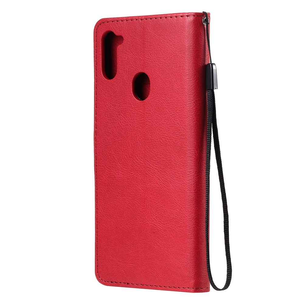 For Samsung Galaxy M11 Case Solid Color Leather Mobile Cover Wallet Stand with Strap - Red
