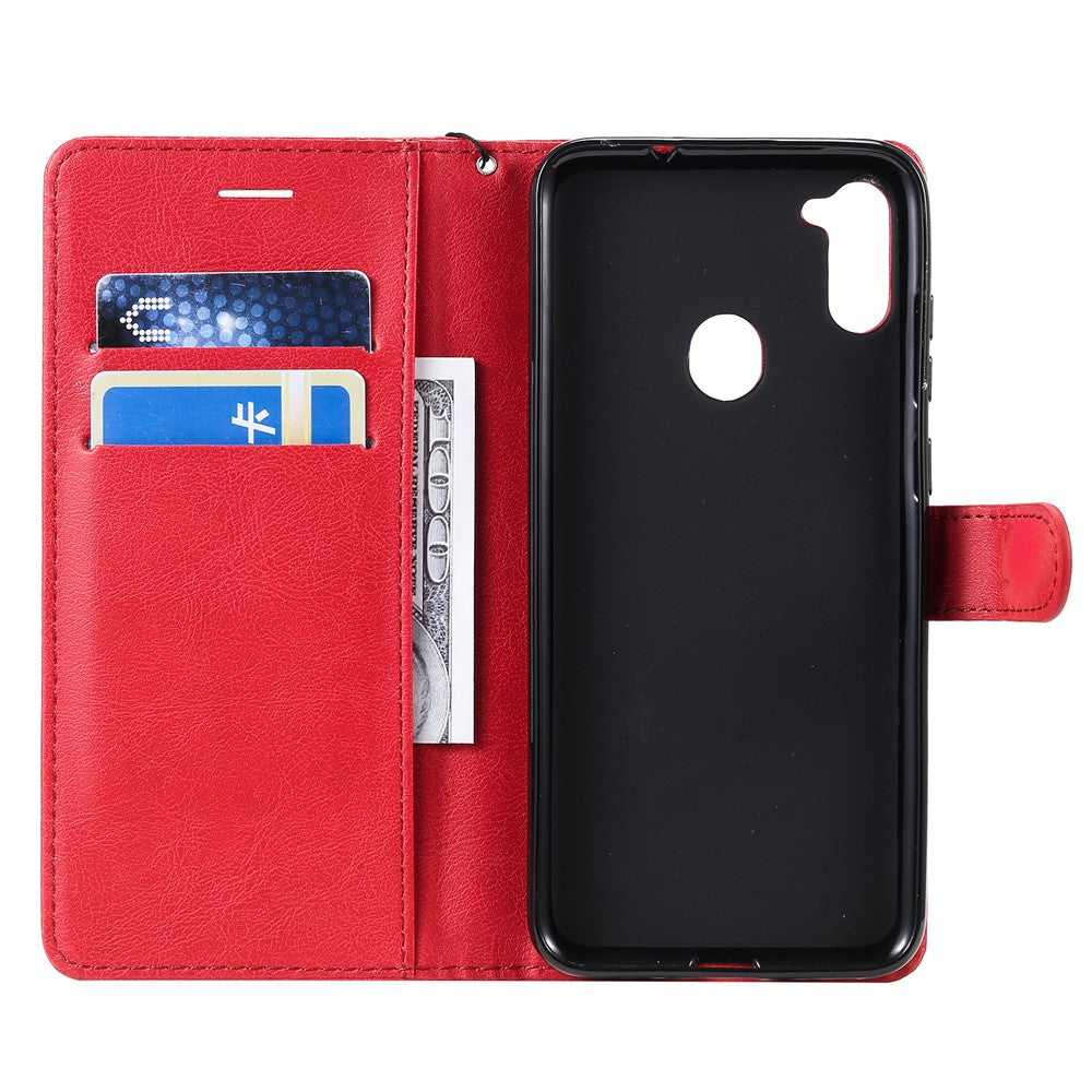 For Samsung Galaxy M11 Case Solid Color Leather Mobile Cover Wallet Stand with Strap - Red