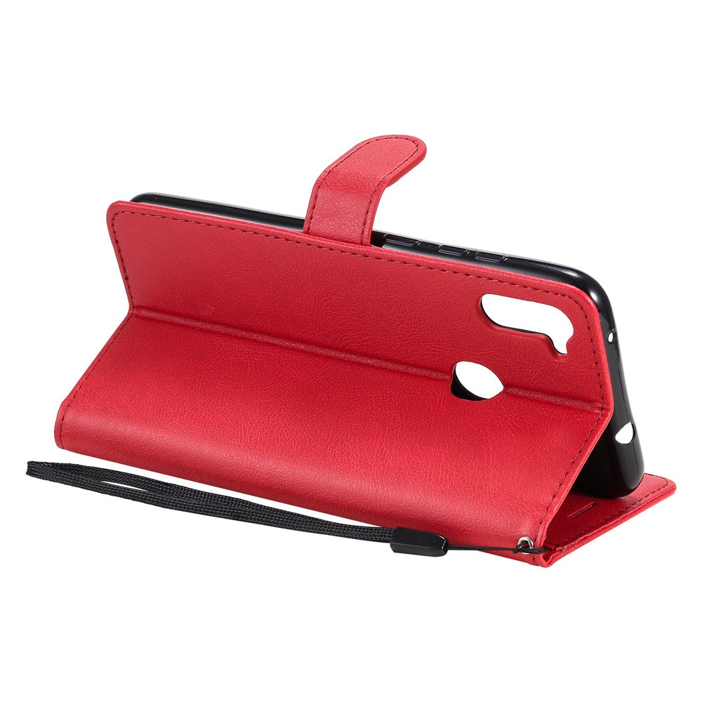 For Samsung Galaxy M11 Case Solid Color Leather Mobile Cover Wallet Stand with Strap - Red