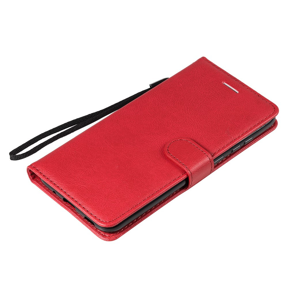 For Samsung Galaxy M11 Case Solid Color Leather Mobile Cover Wallet Stand with Strap - Red