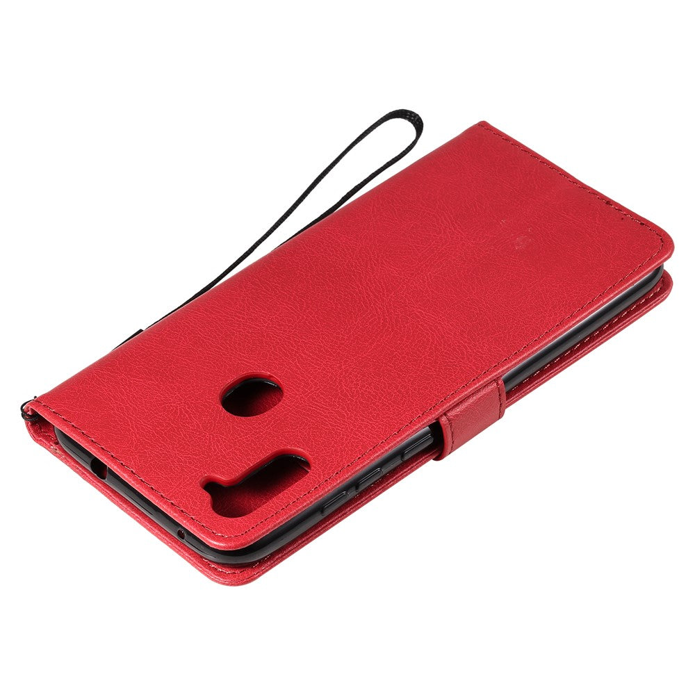 For Samsung Galaxy M11 Case Solid Color Leather Mobile Cover Wallet Stand with Strap - Red