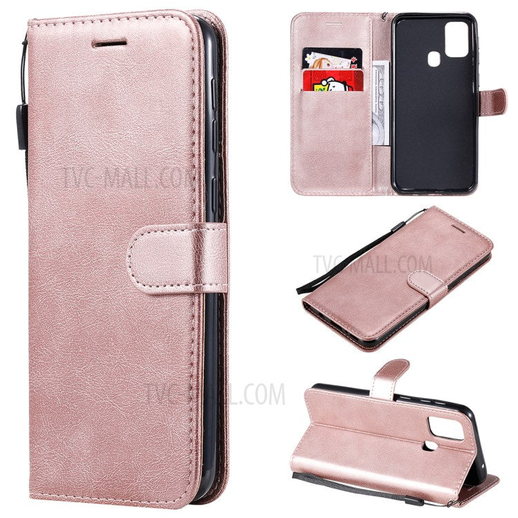 KT Leather Series-2 Solid Color PU Leather Shell Phone Flip Cover with Strap for Samsung Galaxy M31 - Rose Gold