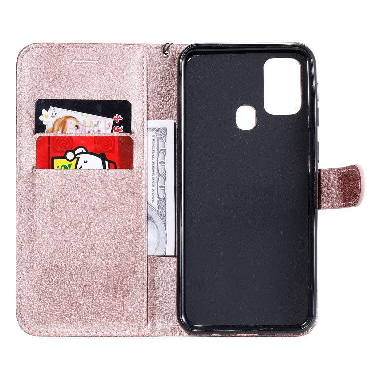 KT Leather Series-2 Solid Color PU Leather Shell Phone Flip Cover with Strap for Samsung Galaxy M31 - Rose Gold