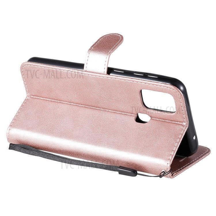 KT Leather Series-2 Solid Color PU Leather Shell Phone Flip Cover with Strap for Samsung Galaxy M31 - Rose Gold