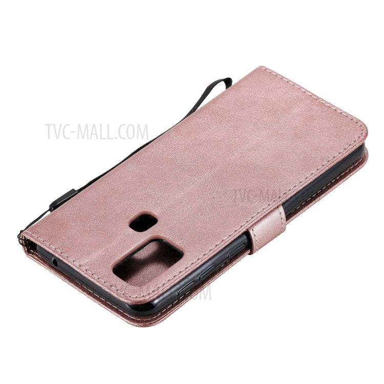 KT Leather Series-2 Solid Color PU Leather Shell Phone Flip Cover with Strap for Samsung Galaxy M31 - Rose Gold