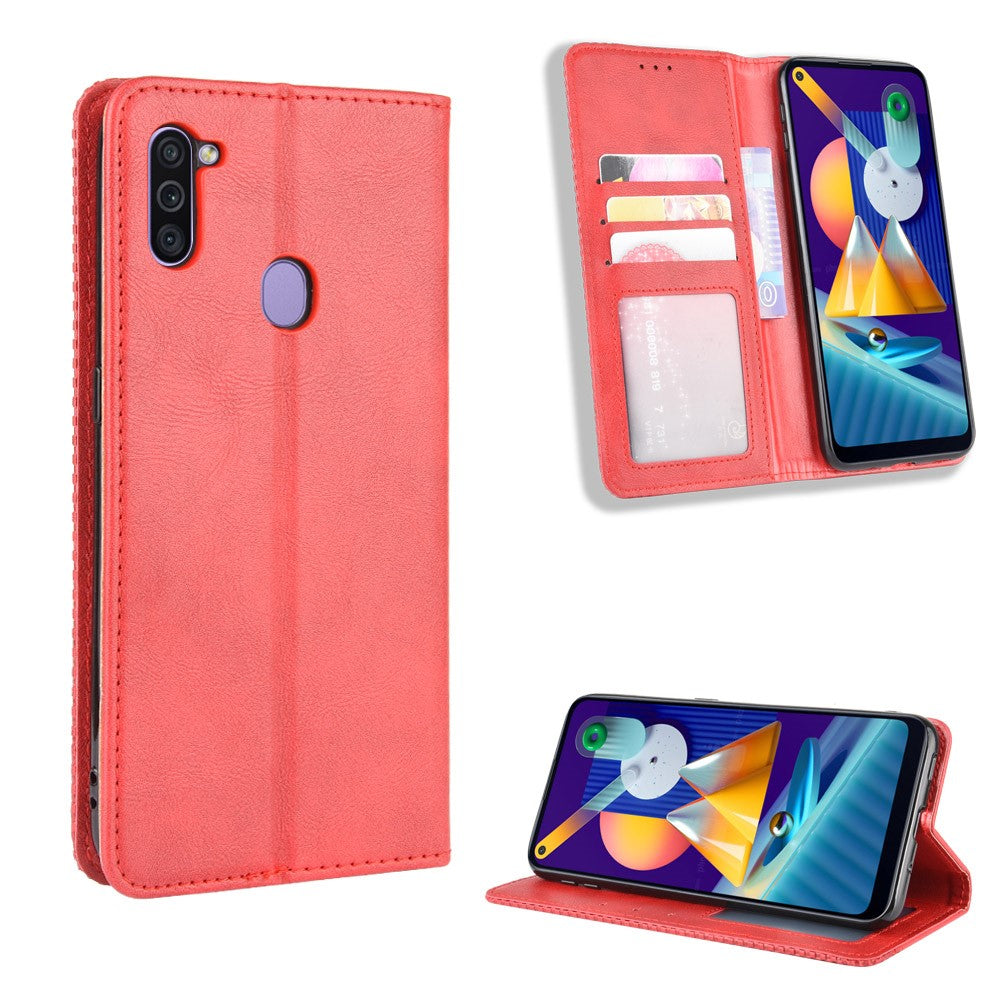 Vintage Style Leather Wallet Stand Case Cover for Samsung Galaxy M11 / A11 (EU Version) - Red