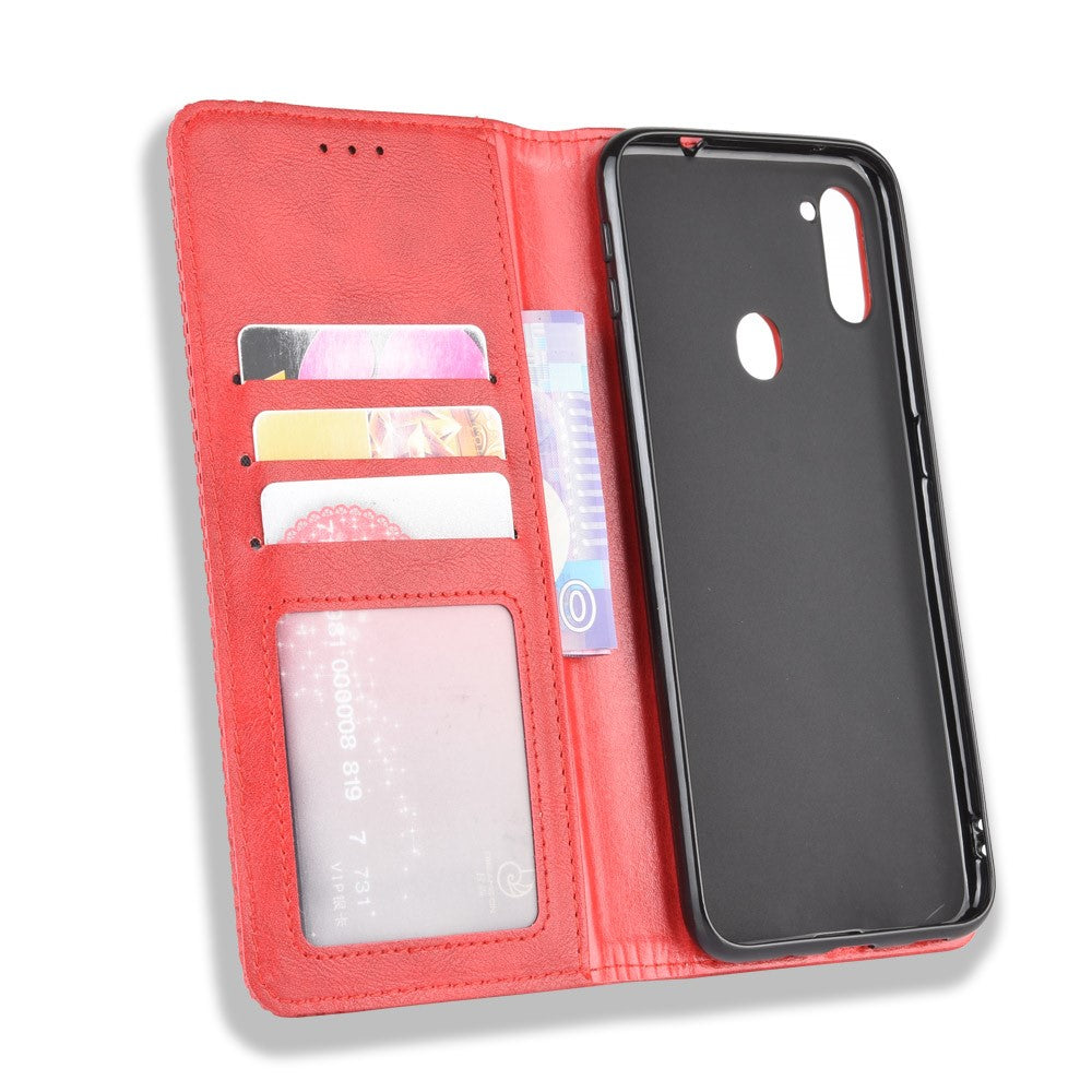 Vintage Style Leather Wallet Stand Case Cover for Samsung Galaxy M11 / A11 (EU Version) - Red