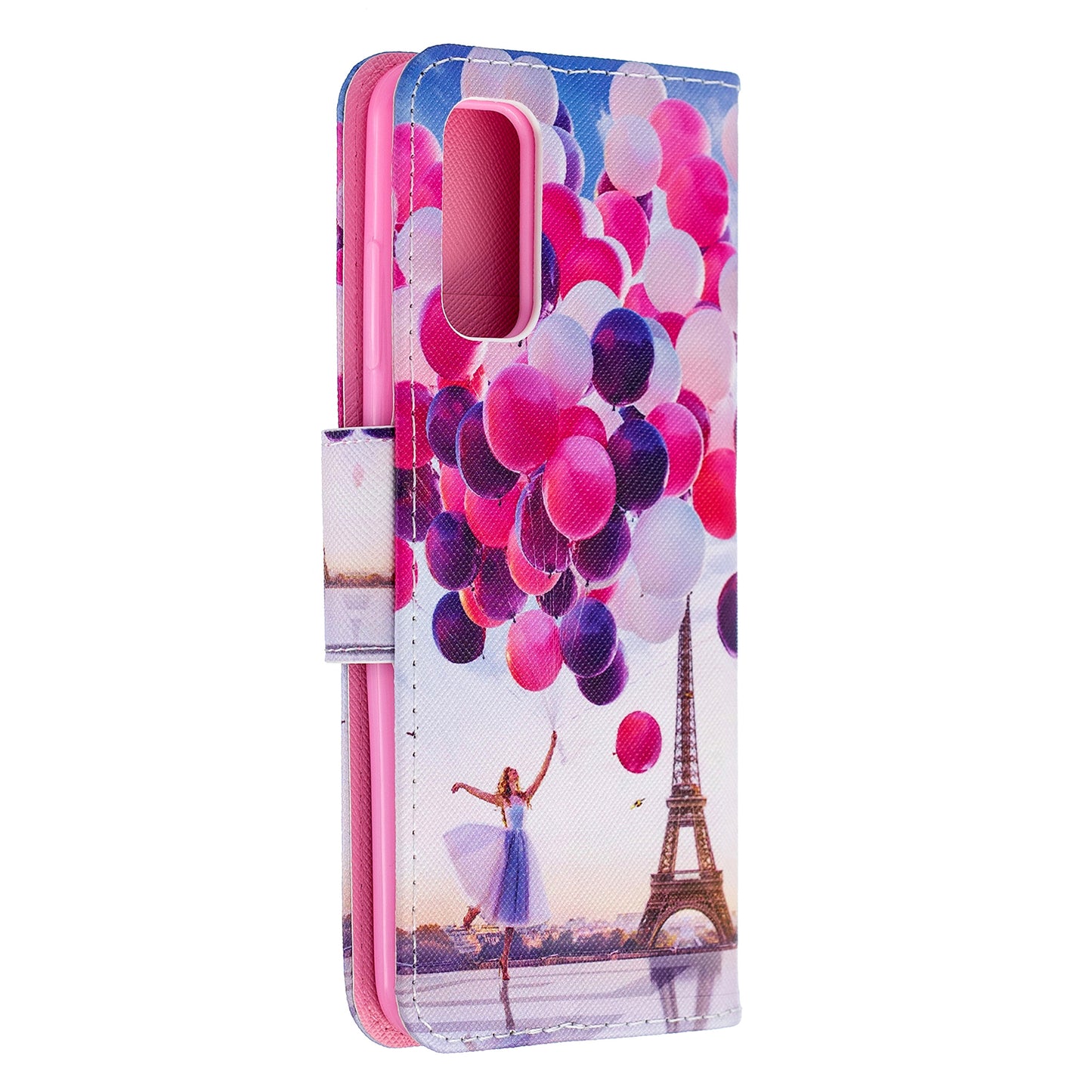 Cross Texture Pattern Printing Flip Leather Wallet Stand Case for Samsung Galaxy S20 4G/S20 5G - Ballon and Eiffel Tower
