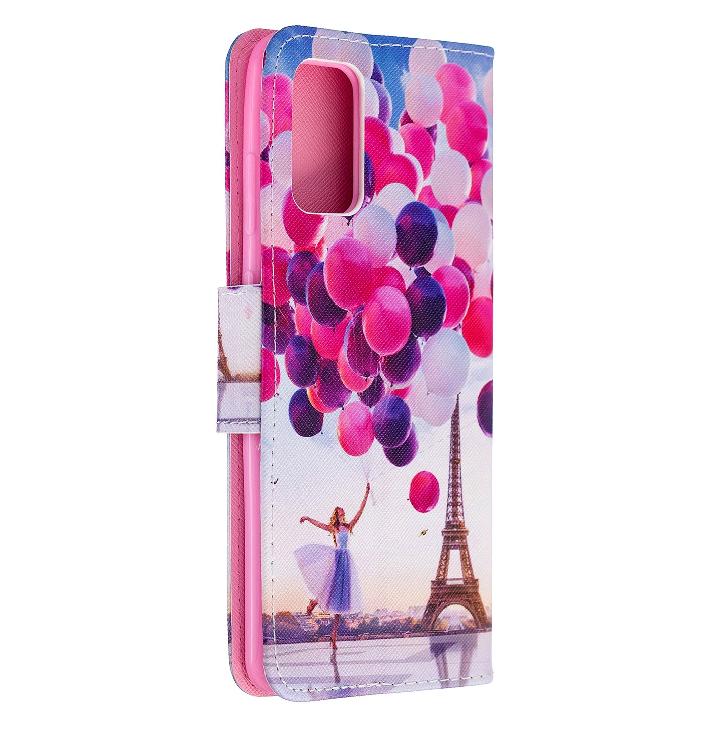 Cross Texture Pattern Printing Flip Leather Wallet Stand Cover for Samsung Galaxy S20 Plus - Ballon and Eiffel Tower