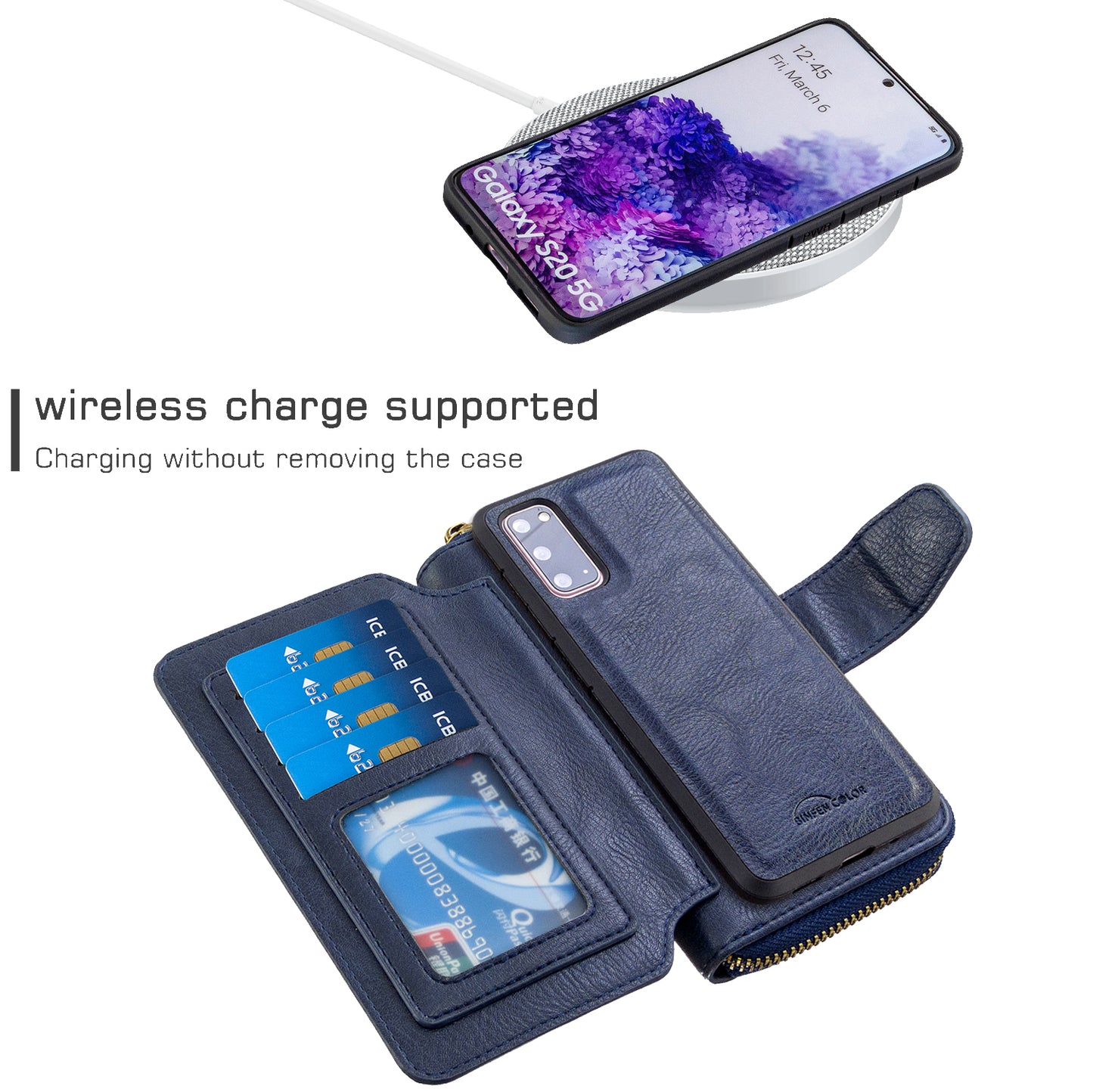 BF001 Detachable 2-in-1 Leather Cover Zipper Wallet Phone Case for Samsung Galaxy S20 4G/S20 5G - Blue