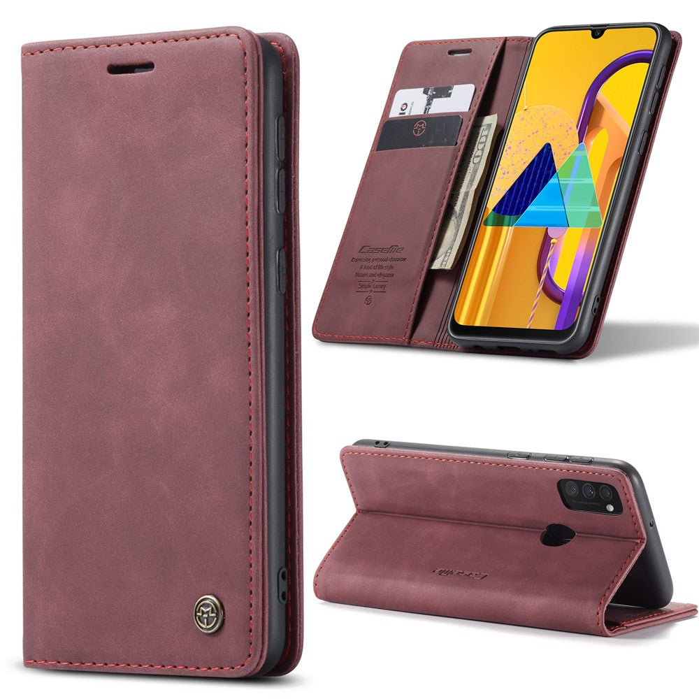 CASEME 013 Series Auto-absorbed Leather with Wallet Shell for Samsung Galaxy M30s/M21 - Wine Red