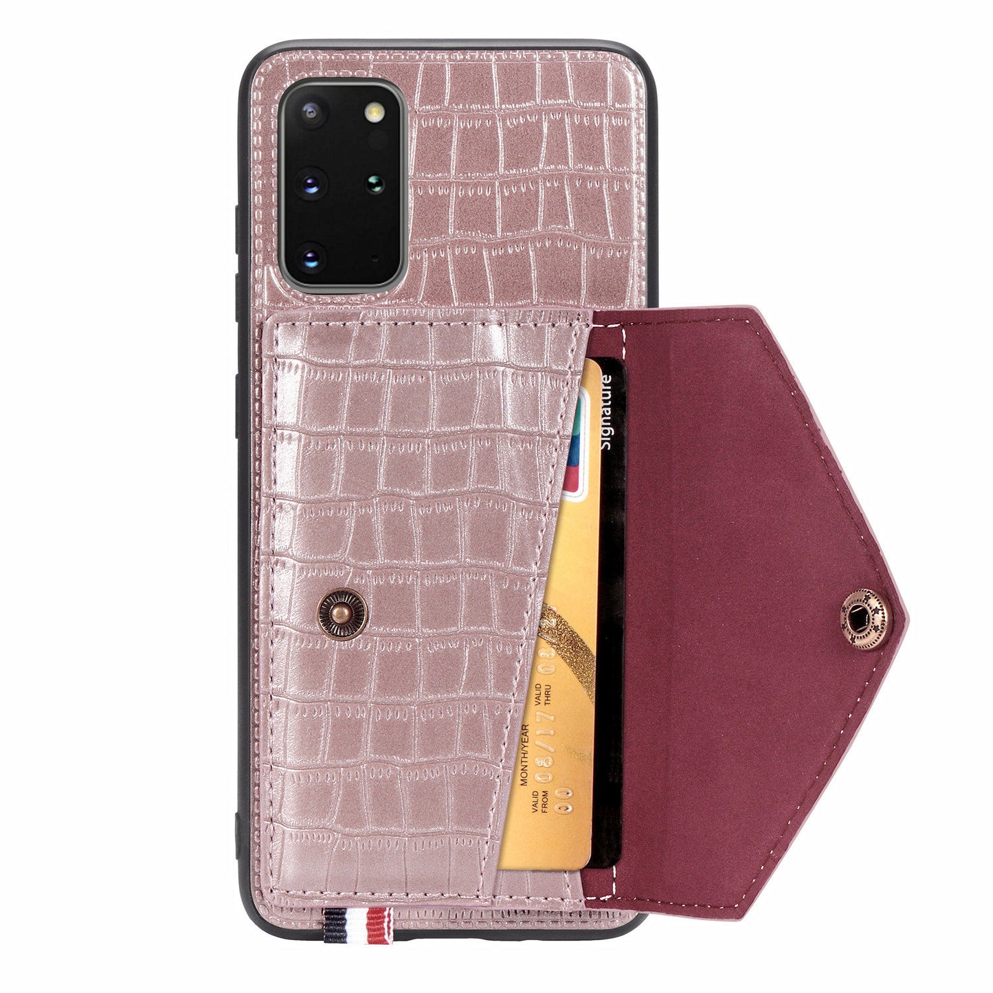 Crocodile Skin with Card Holder PU Leather Coated TPU Case for Samsung Galaxy S20 Plus - Rose Gold