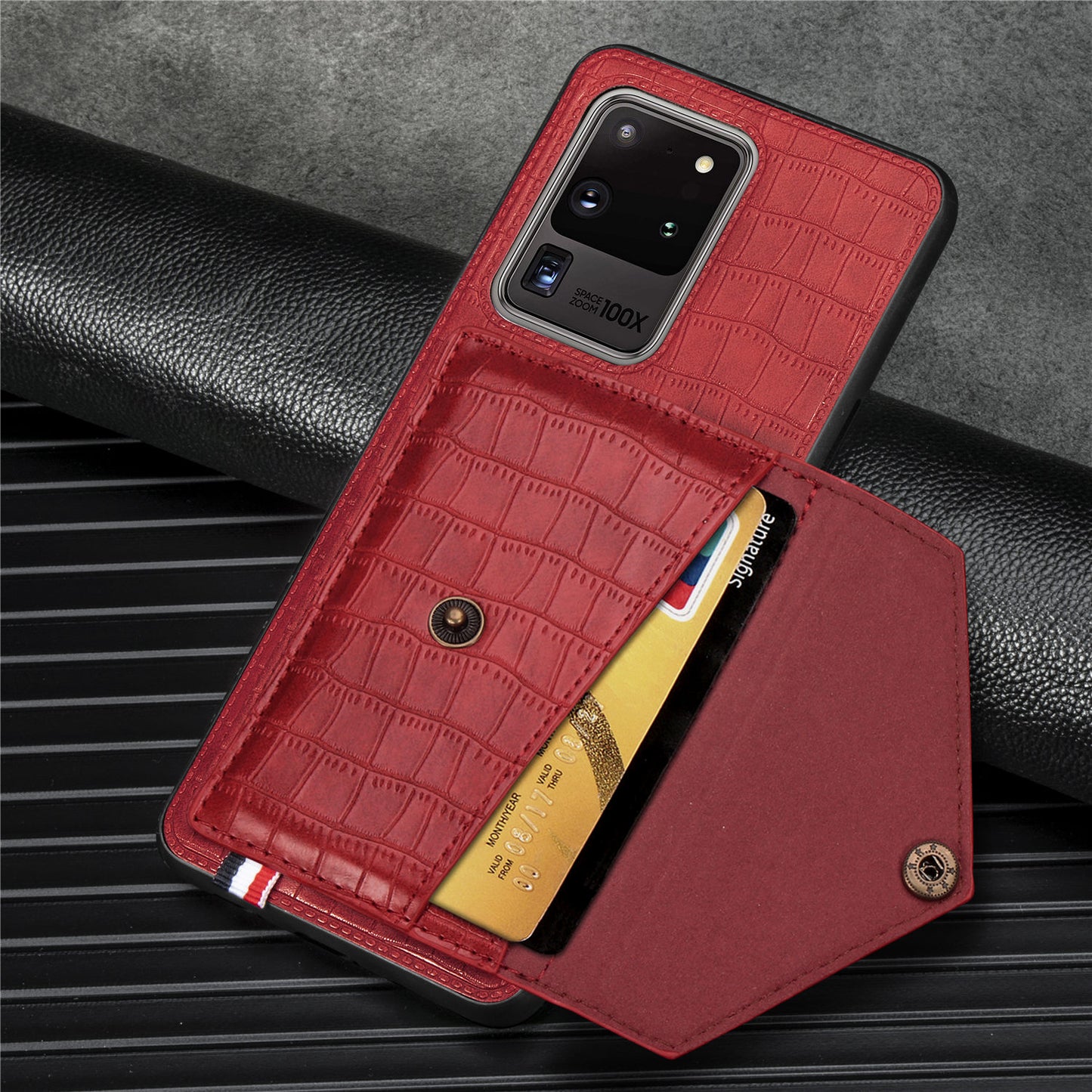 Crocodile Texture Phone Case Cover Card Holder for Samsung Galaxy S20 Ultra - Red