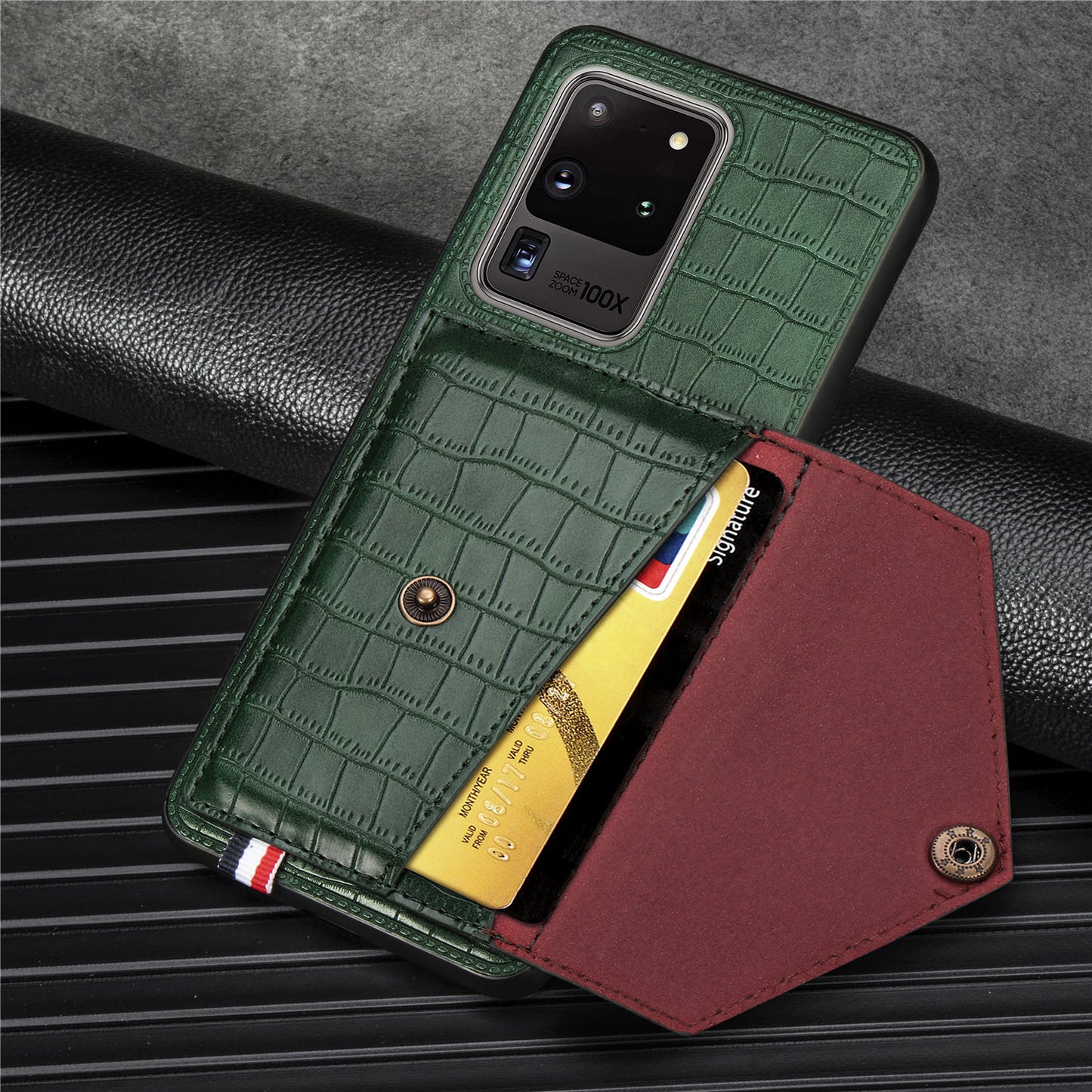 Crocodile Texture Phone Case Cover Card Holder for Samsung Galaxy S20 Ultra - Green