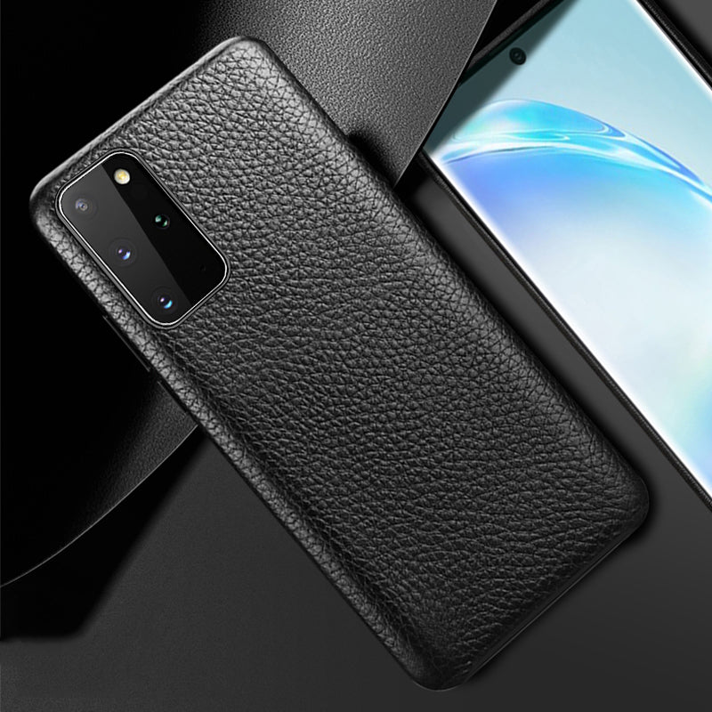 XOOMZ Litchi Grain Genuine Leather Shell Phone Case for Samsung Galaxy S20 Plus/S20 Plus 5G - Black