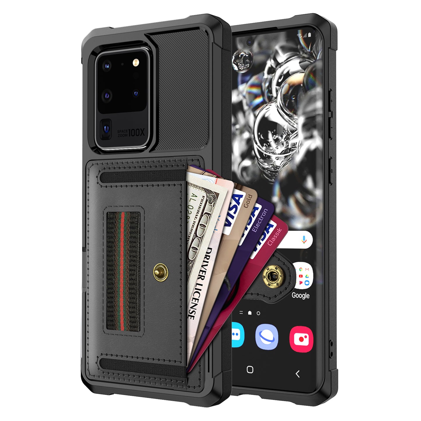 Phone Case with Card Slot and Elastic Finger Ring Strap Shell for Samsung Galaxy S20 Ultra - Black