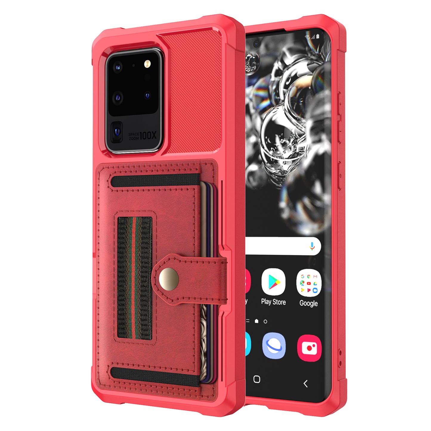 Phone Case with Card Slot and Elastic Finger Ring Strap Shell for Samsung Galaxy S20 Ultra - Red