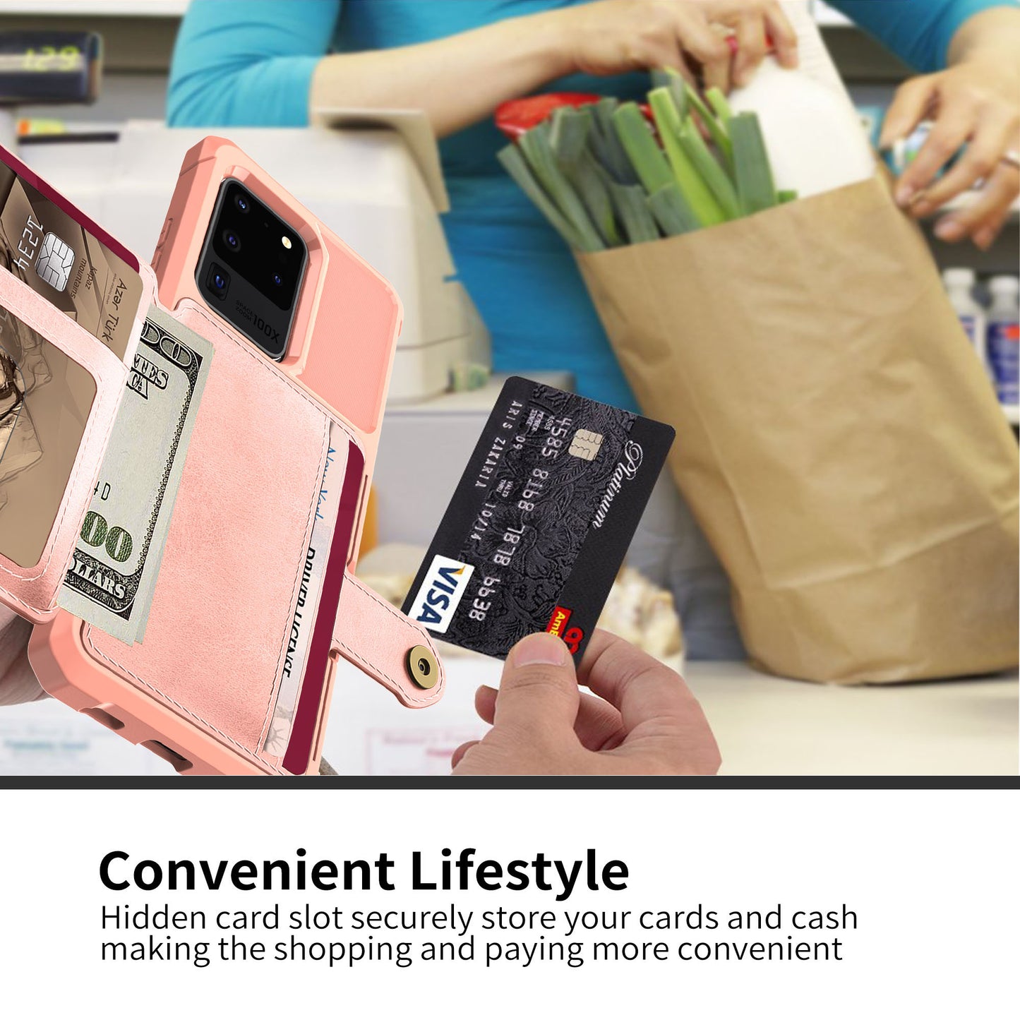 For Samsung Galaxy S20 Ultra PU Leather Coated TPU Wallet Phone Case - Rose Gold