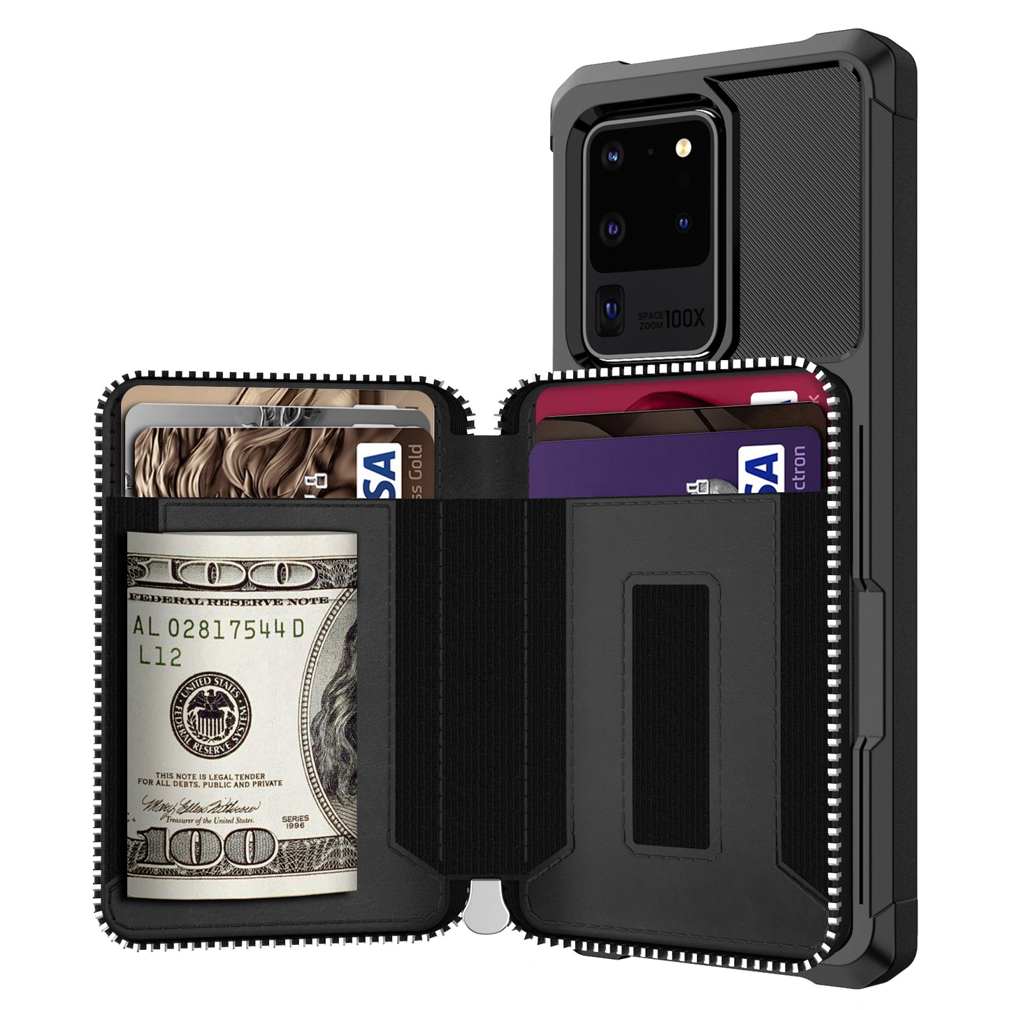 Leather Phone Case with Zipper Wallet for Samsung Galaxy S20 Ultra - Black