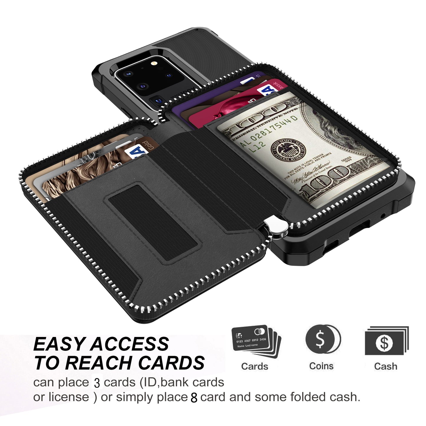 Leather Phone Case with Zipper Wallet for Samsung Galaxy S20 Ultra - Black