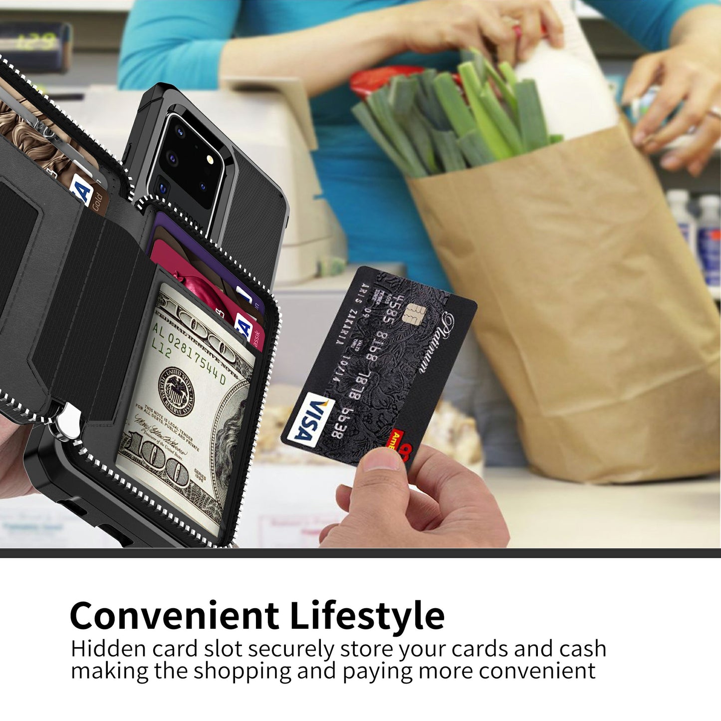 Leather Phone Case with Zipper Wallet for Samsung Galaxy S20 Ultra - Black