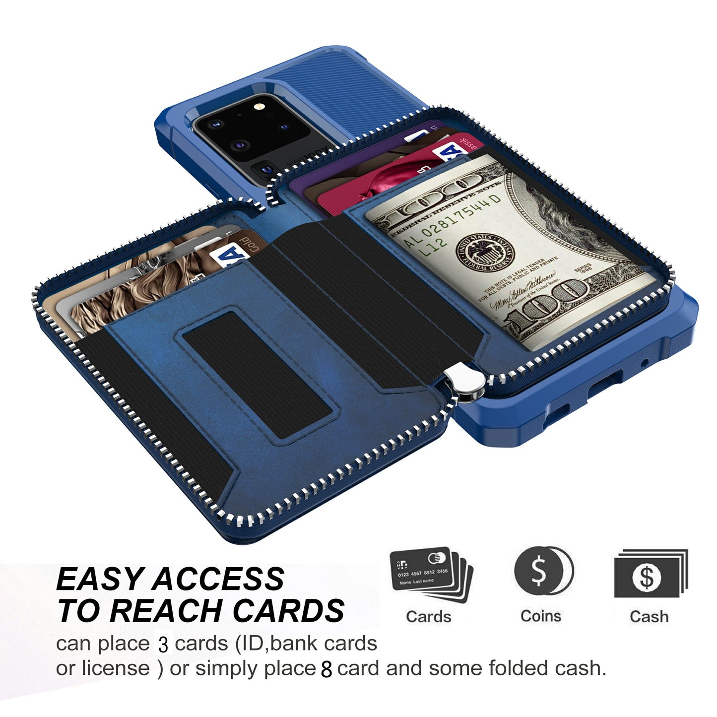 Leather Phone Case with Zipper Wallet for Samsung Galaxy S20 Ultra - Blue
