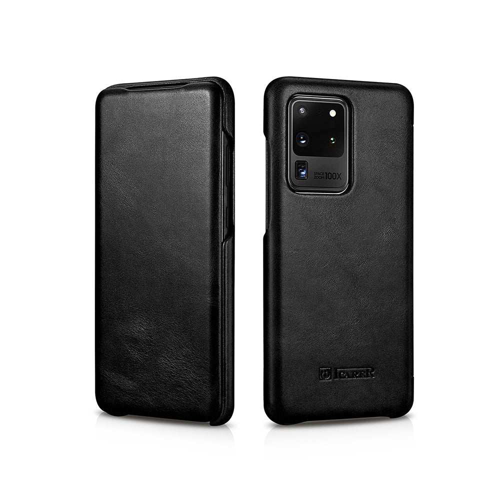 ICARER Curved Edge Retro Genuine Leather Shell for Samsung Galaxy S20 Ultra - Black