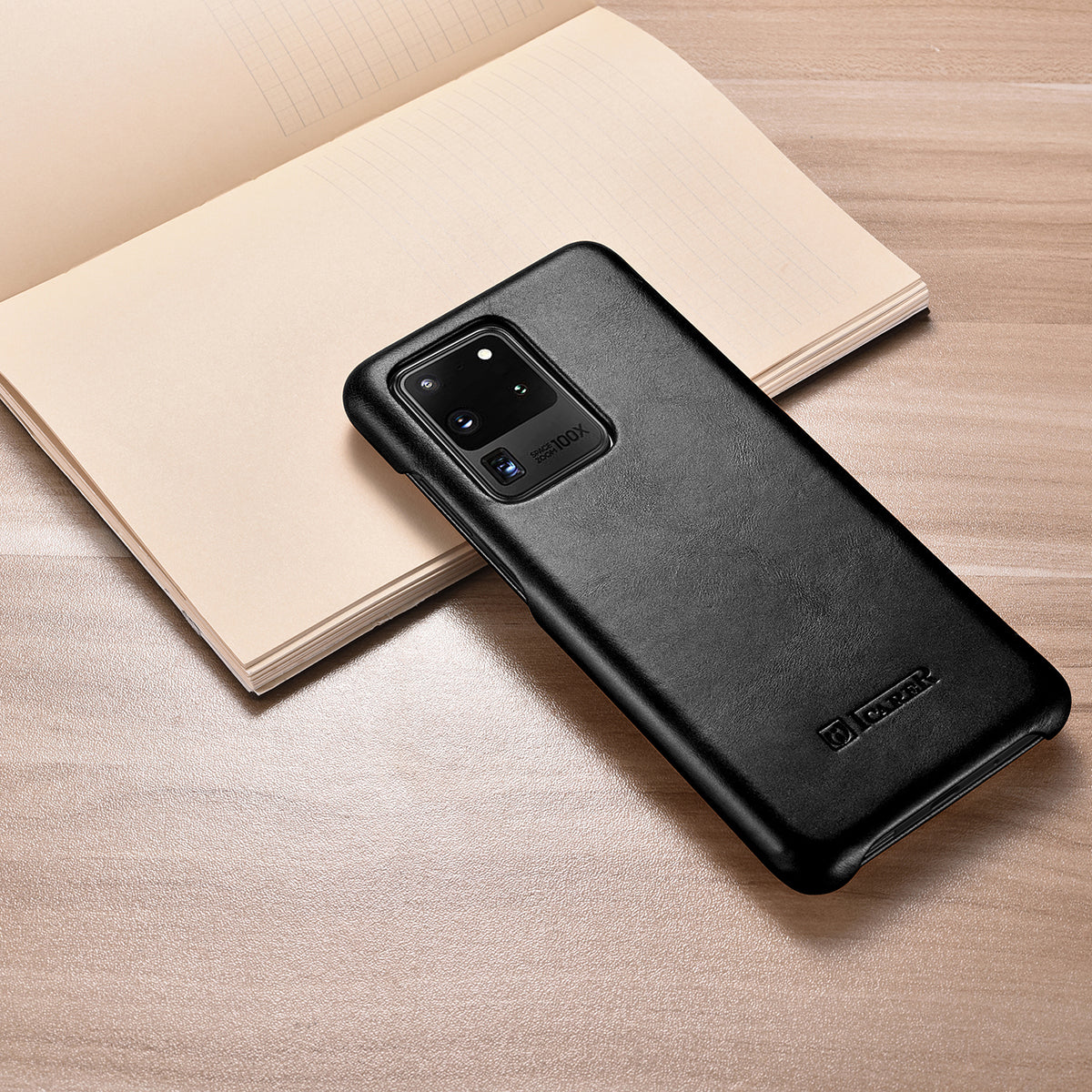 ICARER Curved Edge Retro Genuine Leather Shell for Samsung Galaxy S20 Ultra - Black