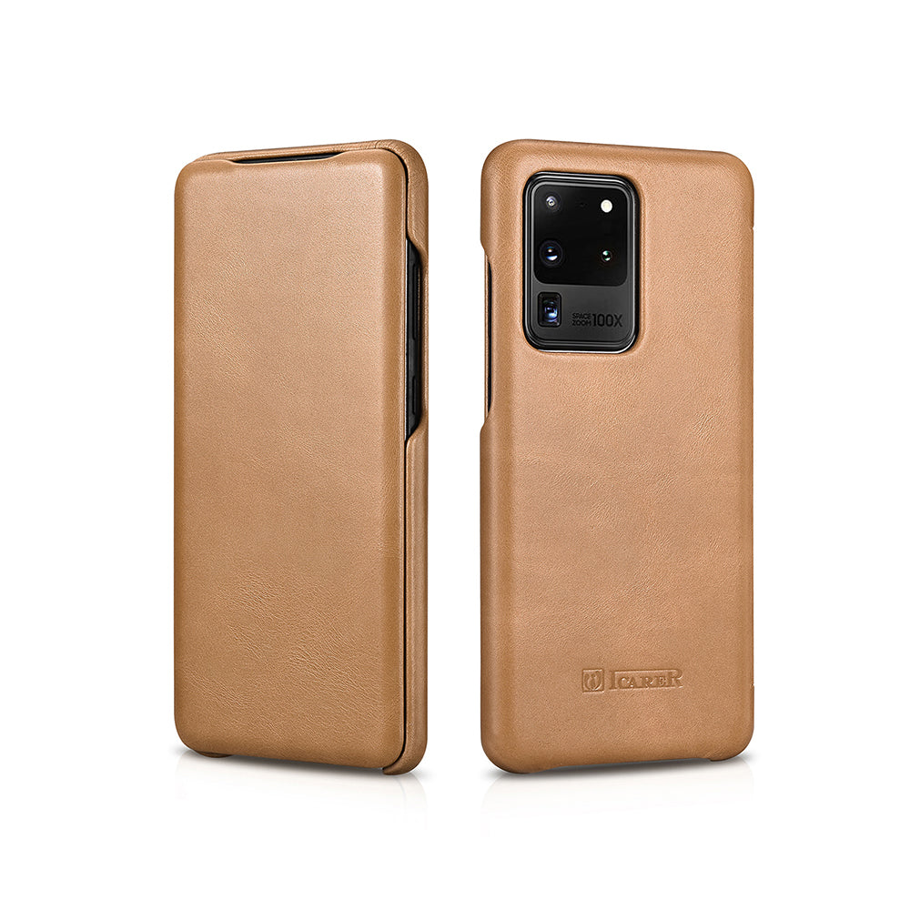 ICARER Curved Edge Retro Genuine Leather Shell for Samsung Galaxy S20 Ultra - Khaki