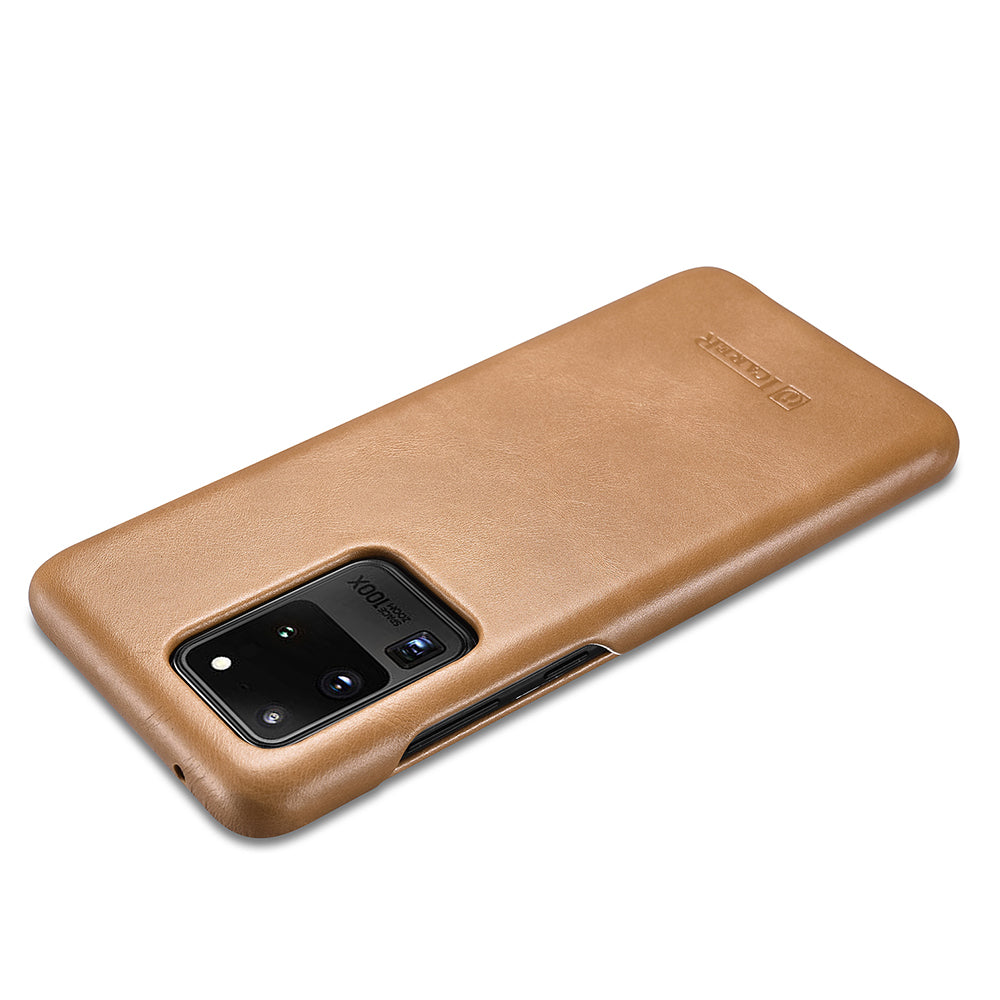 ICARER Curved Edge Retro Genuine Leather Shell for Samsung Galaxy S20 Ultra - Khaki