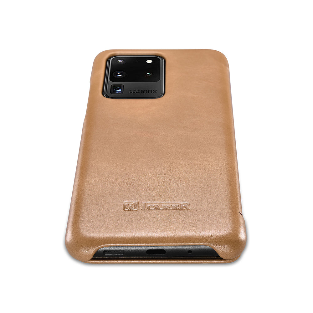 ICARER Curved Edge Retro Genuine Leather Shell for Samsung Galaxy S20 Ultra - Khaki