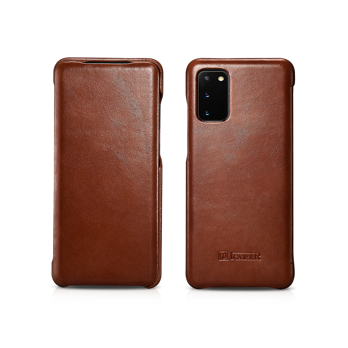ICARER Curved Edge Genuine Leather Mobile Phone Shell for Samsung Galaxy S20 4G/S20 5G - Brown